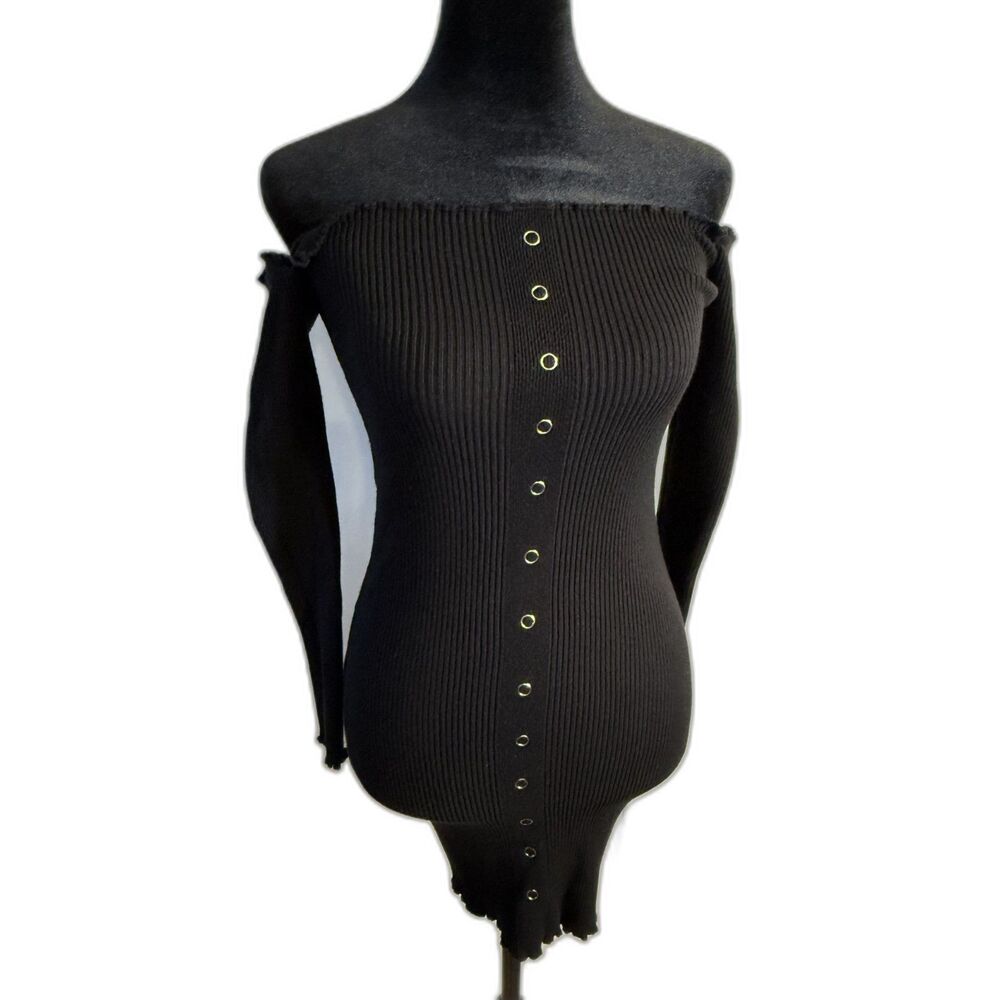 Windsor Black Ribbed Off-Shoulder Mini Dress — Gold Eyelet Detail
